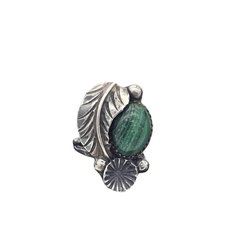 Vtg Sterling Silver Navajo Natural Malachite Feather Ring Size 9.5 Signed ER